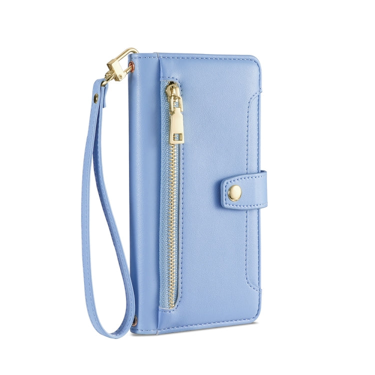 For Motorola Moto E13 4G Sheep Texture Cross-body Zipper Wallet Leather Phone Case(Blue) - Motorola Cases by PMC TechLife | Online Shopping South Africa | PMC TechLife | Buy Now Pay Later Mobicred