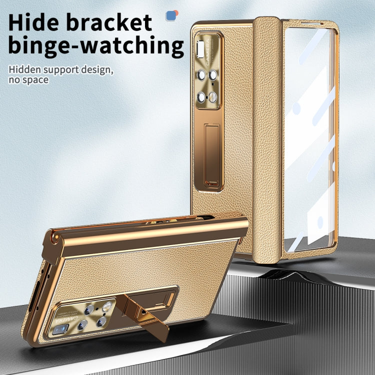 For Huawei Mate X2 Litchi Pattern Magnetic Shell Film Integrated Shockproof Phone Case(Gold) - Huawei Cases by PMC TechLife | Online Shopping South Africa | PMC TechLife | Buy Now Pay Later Mobicred