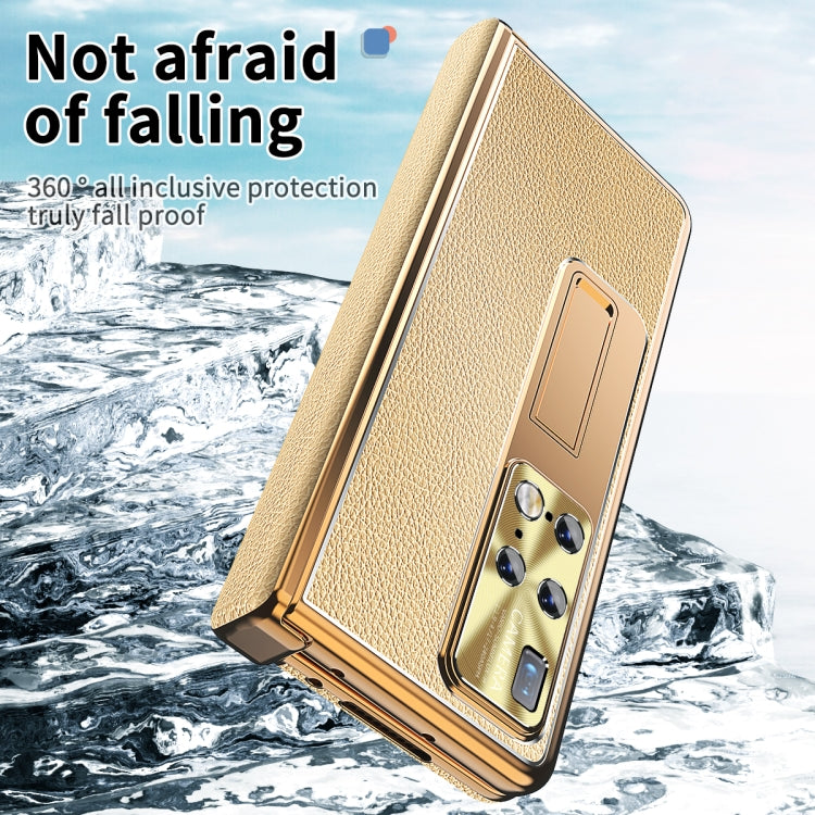 For Huawei Mate X2 Litchi Pattern Magnetic Shell Film Integrated Shockproof Phone Case(Gold) - Huawei Cases by PMC TechLife | Online Shopping South Africa | PMC TechLife | Buy Now Pay Later Mobicred