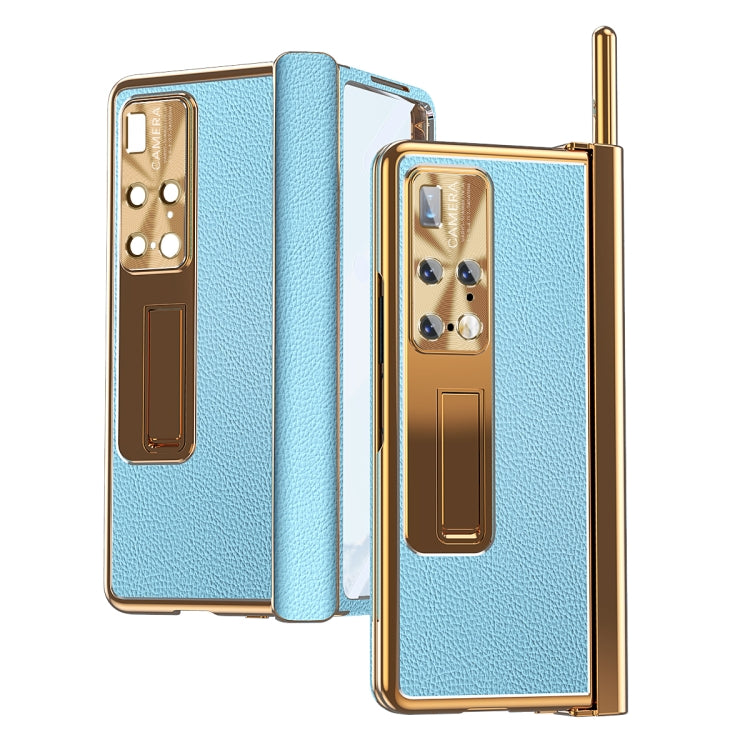 For Huawei Mate X2 Litchi Pattern Magnetic Shell Film Integrated Shockproof Phone Case(Blue Gold) - Huawei Cases by PMC TechLife | Online Shopping South Africa | PMC TechLife | Buy Now Pay Later Mobicred
