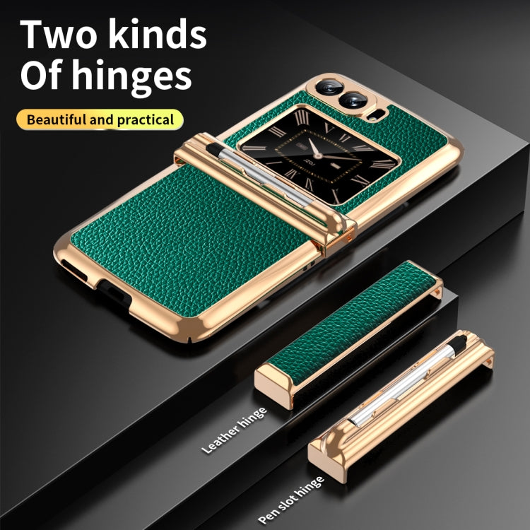 For Motorola Razr 2022 Foldable Electroplated Plain Leather Phone Case with Stylus(Emeralds) - Motorola Cases by PMC TechLife | Online Shopping South Africa | PMC TechLife | Buy Now Pay Later Mobicred