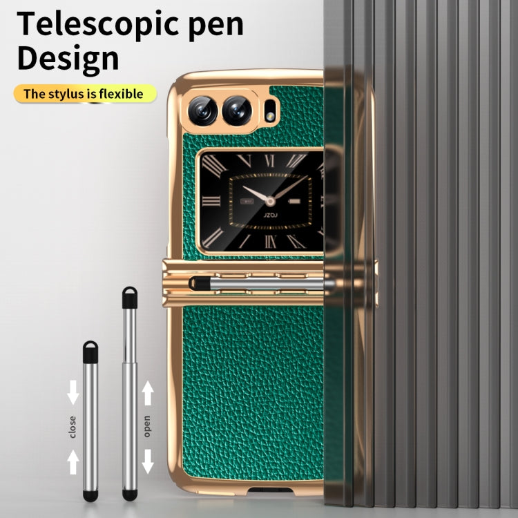 For Motorola Razr 2022 Foldable Electroplated Plain Leather Phone Case with Stylus(Emeralds) - Motorola Cases by PMC TechLife | Online Shopping South Africa | PMC TechLife | Buy Now Pay Later Mobicred
