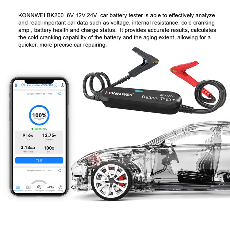 KONNWEI BK200 6V/12V/24V Car Bluetooth Battery Tester(Black) - free shipping - PMC TechLife - Order now!