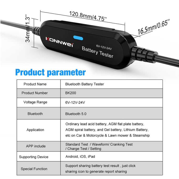 KONNWEI BK200 6V/12V/24V Car Bluetooth Battery Tester(Black) - free shipping - PMC TechLife - Order now!