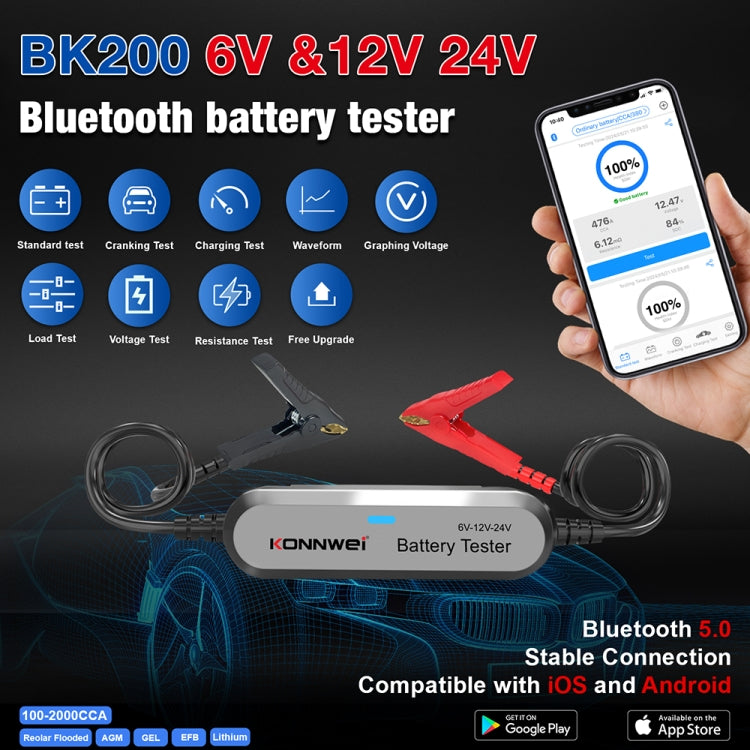 KONNWEI BK200 6V/12V/24V Car Bluetooth Battery Tester(Silver) - Electronic Test by KONNWEI | Online Shopping South Africa | PMC TechLife | Buy Now Pay Later Mobicred