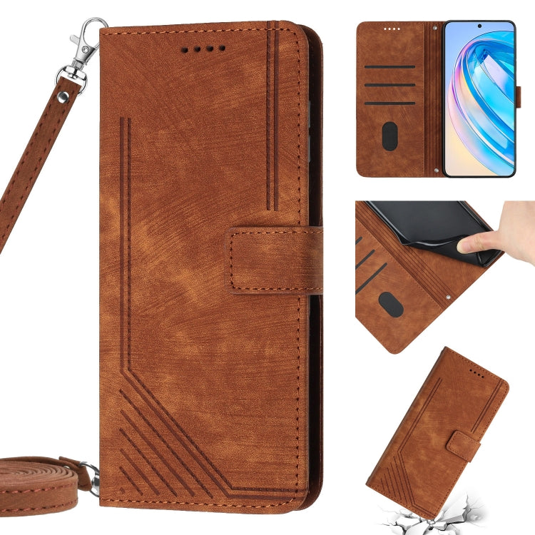 For Honor X7 4G / Play 30 Plus Skin Feel Stripe Pattern Leather Phone Case with Lanyard(Brown) - Honor Cases by PMC TechLife | Online Shopping South Africa | PMC TechLife