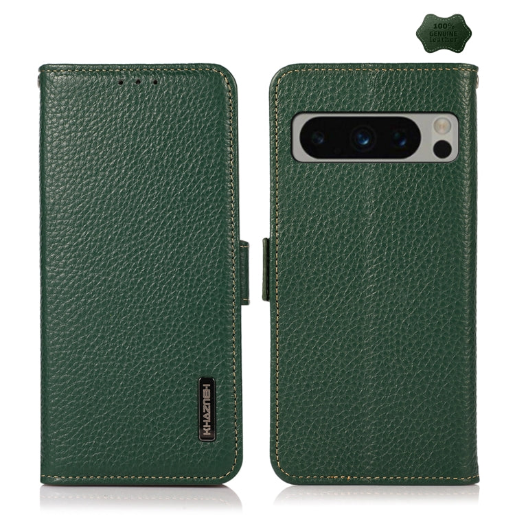 For Google Pixel 8 Pro KHAZNEH Side-Magnetic Litchi Genuine Leather RFID Phone Case(Green) - Google Cases by PMC TechLife | Online Shopping South Africa | PMC TechLife | Buy Now Pay Later Mobicred