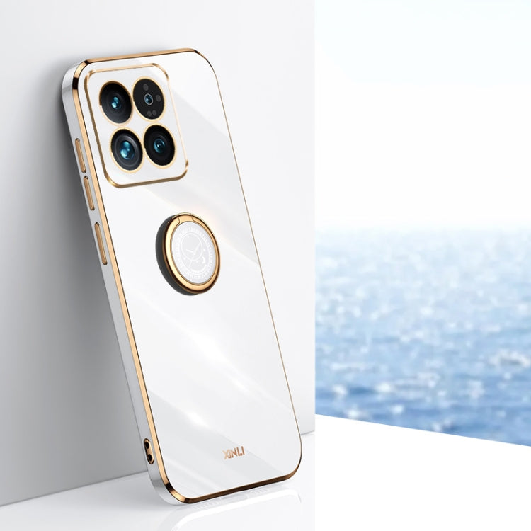 For Xiaomi 14 XINLI Straight Edge 6D Electroplate TPU Phone Case with Ring Holder(White) - 14 Cases by XINLI | Online Shopping South Africa | PMC TechLife | Buy Now Pay Later Mobicred