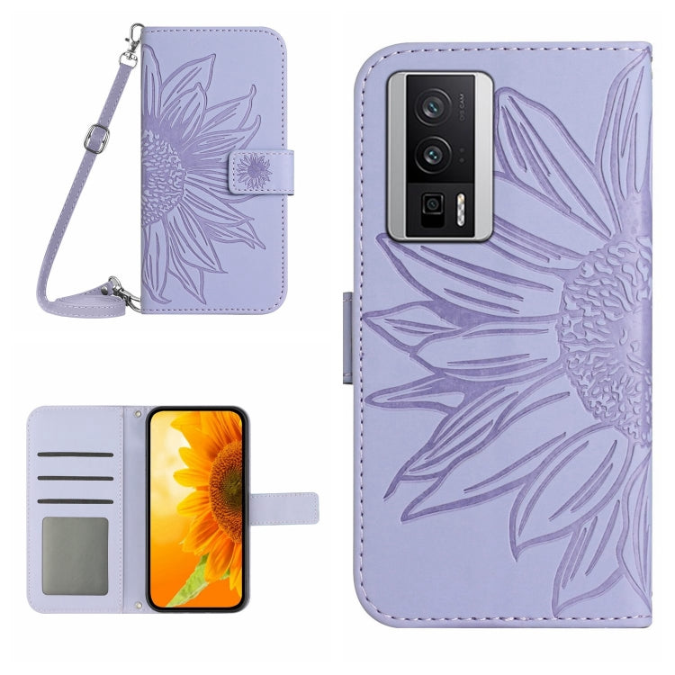 For Xiaomi Poco F5 Pro Skin Feel Sun Flower Embossed Flip Leather Phone Case with Lanyard(Purple) - Xiaomi Cases by PMC TechLife | Online Shopping South Africa | PMC TechLife | Buy Now Pay Later Mobicred