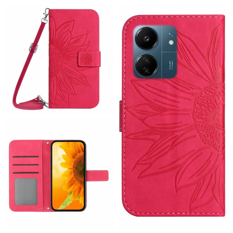 For Xiaomi Redmi 13C 4G Skin Feel Sun Flower Embossed Flip Leather Phone Case with Lanyard(Rose Red) - 13C Cases by PMC TechLife | Online Shopping South Africa | PMC TechLife | Buy Now Pay Later Mobicred