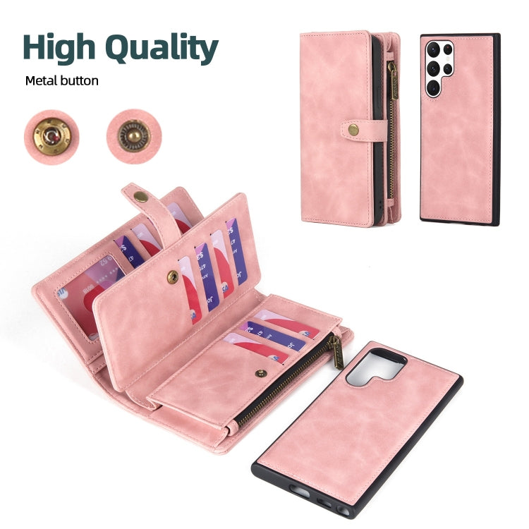 For Samsung Galaxy S22 Ultra 5G Zipper Wallet Magnetic Detachable Leather Phone Case(Pink) - free shipping - PMC TechLife - Order now!