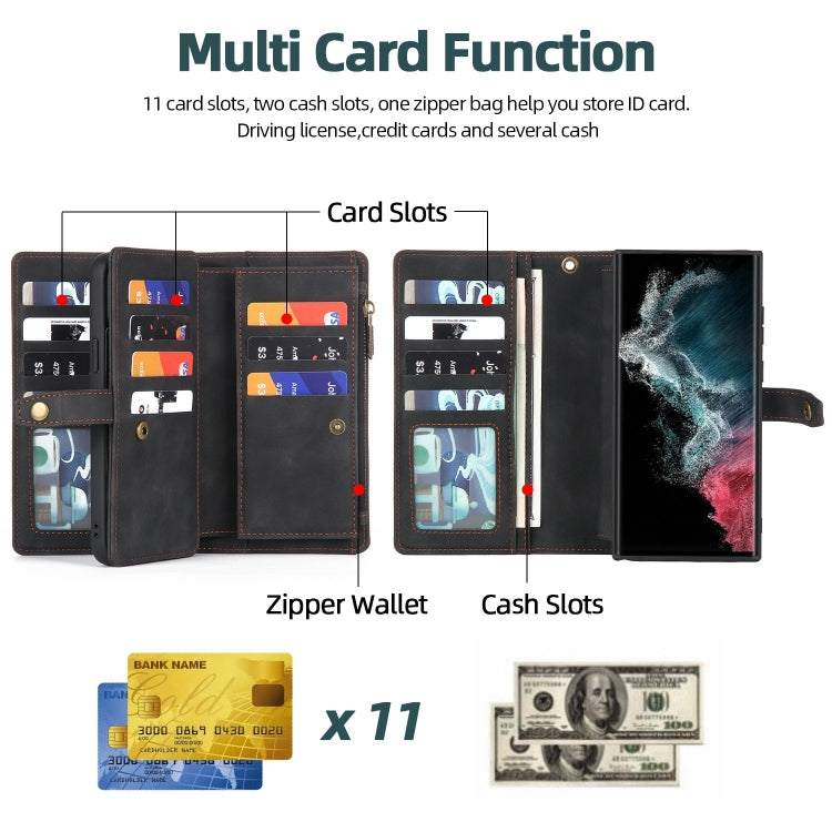 For Samsung Galaxy S22 Ultra 5G Zipper Wallet Detachable MagSafe Leather Phone Case(Black) - Galaxy S22 Ultra 5G Cases by PMC TechLife | Online Shopping South Africa | PMC TechLife