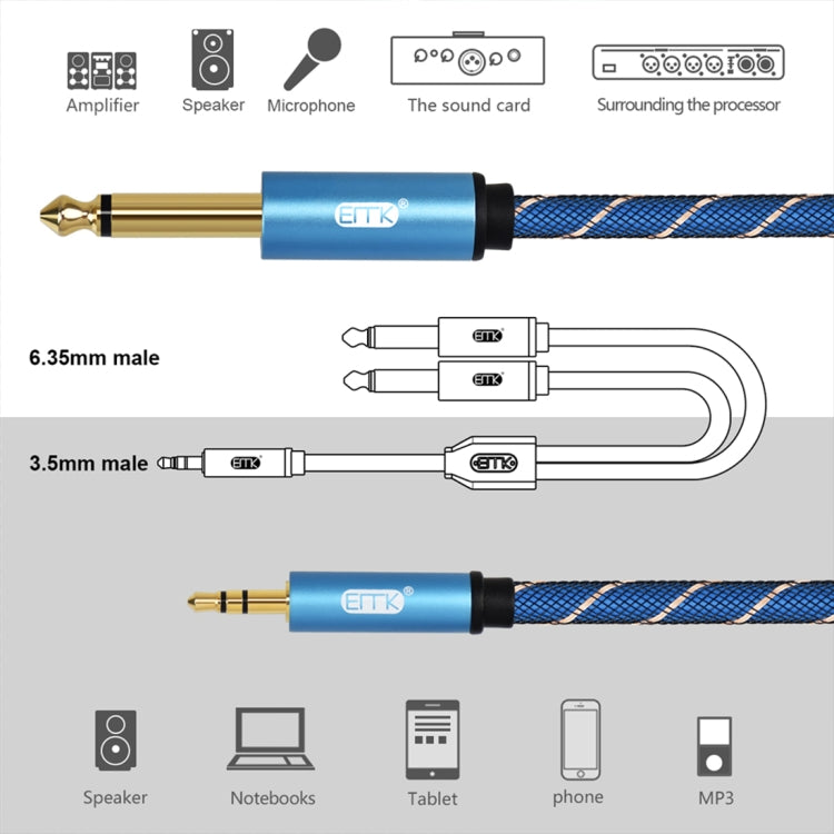EMK 3.5mm Jack Male to 2 x 6.35mm Jack Male Gold Plated Connector Nylon Braid AUX Cable for Computer / X-BOX / PS3 / CD / DVD, Cable Length:1m(Dark Blue) - Audio Optical Cables by PMC TechLife | Online Shopping South Africa | PMC TechLife | Buy Now Pay Later Mobicred