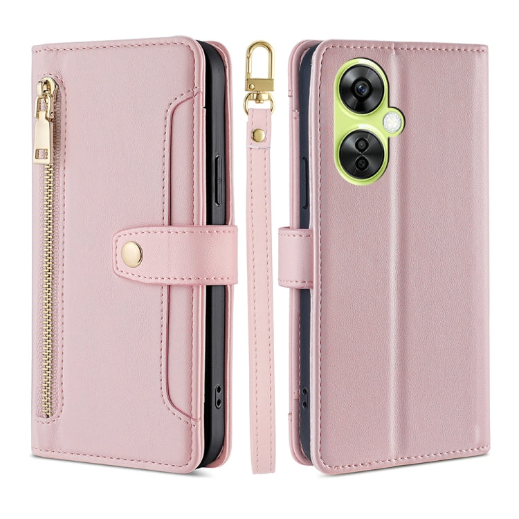 For OnePlus Nord CE 3 Lite 5G Sheep Texture Cross-body Zipper Wallet Leather Phone Case(Pink) - OnePlus Cases by PMC TechLife | Online Shopping South Africa | PMC TechLife | Buy Now Pay Later Mobicred
