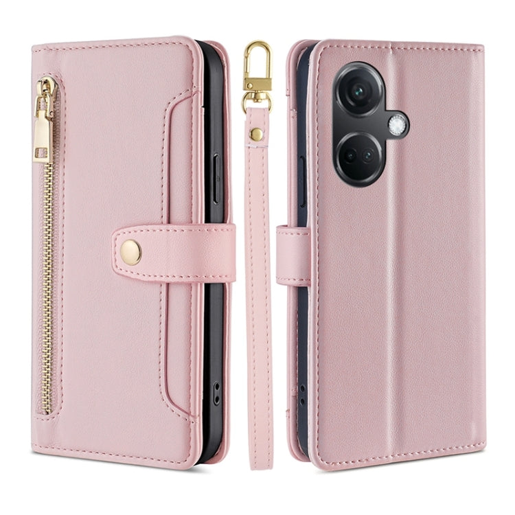 For OnePlus Nord CE3 5G Sheep Texture Cross-body Zipper Wallet Leather Phone Case(Pink) - OnePlus Cases by PMC TechLife | Online Shopping South Africa | PMC TechLife | Buy Now Pay Later Mobicred