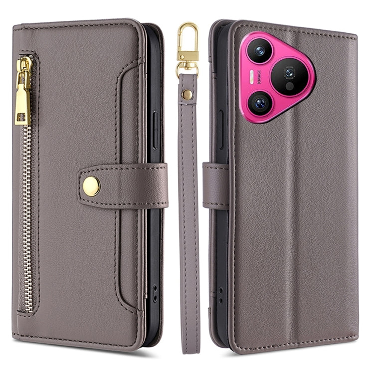 For Huawei Pura 70 5G Sheep Texture Cross-body Zipper Wallet Leather Phone Case(Grey) - Huawei Cases by PMC Jewellery | Online Shopping South Africa | PMC Jewellery | Buy Now Pay Later Mobicred