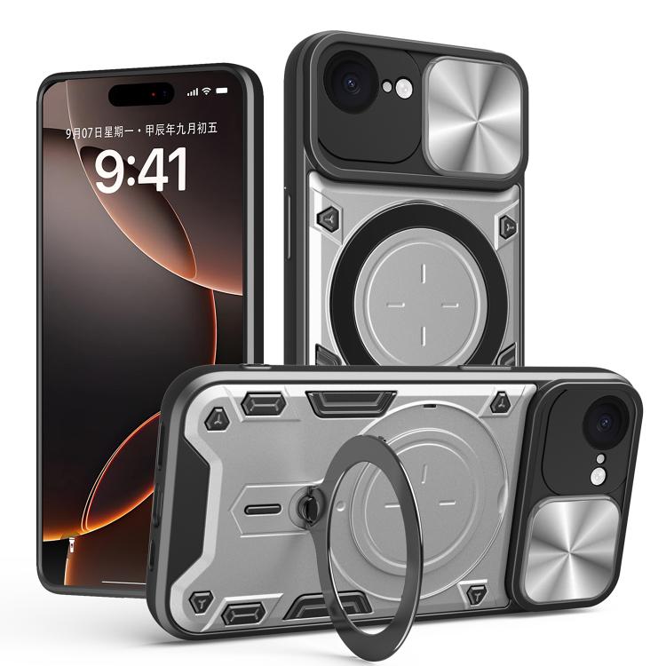 For iPhone 16e CD Texture Sliding Camshield Magnetic Holder Phone Case(Silver) - iPhone 16e Cases by PMC TechLife | Online Shopping South Africa | PMC TechLife | Buy Now Pay Later Mobicred