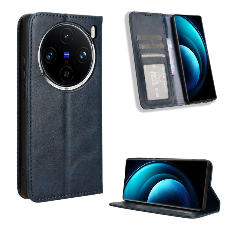 For vivo X100 5G Magnetic Buckle Retro Texture Leather Phone Case(Blue) - X100 Cases by PMC TechLife | Online Shopping South Africa | PMC TechLife | Buy Now Pay Later Mobicred