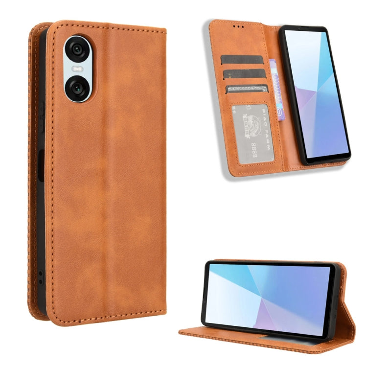 For Sony Xperia 10 VI 2024 Magnetic Buckle Retro Texture Leather Phone Case(Brown) - Sony Cases by PMC Jewellery | Online Shopping South Africa | PMC Jewellery | Buy Now Pay Later Mobicred