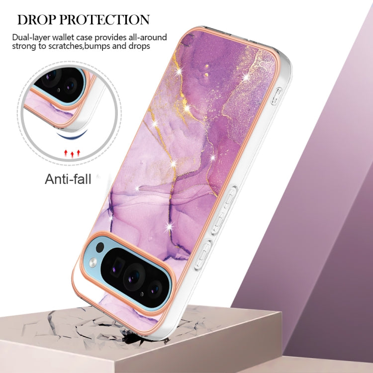 For Google Pixel 9 Pro XL Electroplating Marble Dual-side IMD Phone Case(Purple 001) - Google Cases by PMC TechLife | Online Shopping South Africa | PMC TechLife | Buy Now Pay Later Mobicred