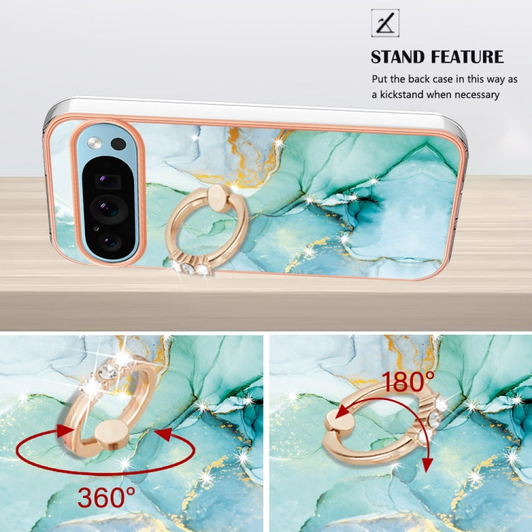 For Google Pixel 9 / 9 Pro Electroplating Marble IMD TPU Phone Case with Ring Holder(Green 003) - Google Cases by PMC TechLife | Online Shopping South Africa | PMC TechLife | Buy Now Pay Later Mobicred