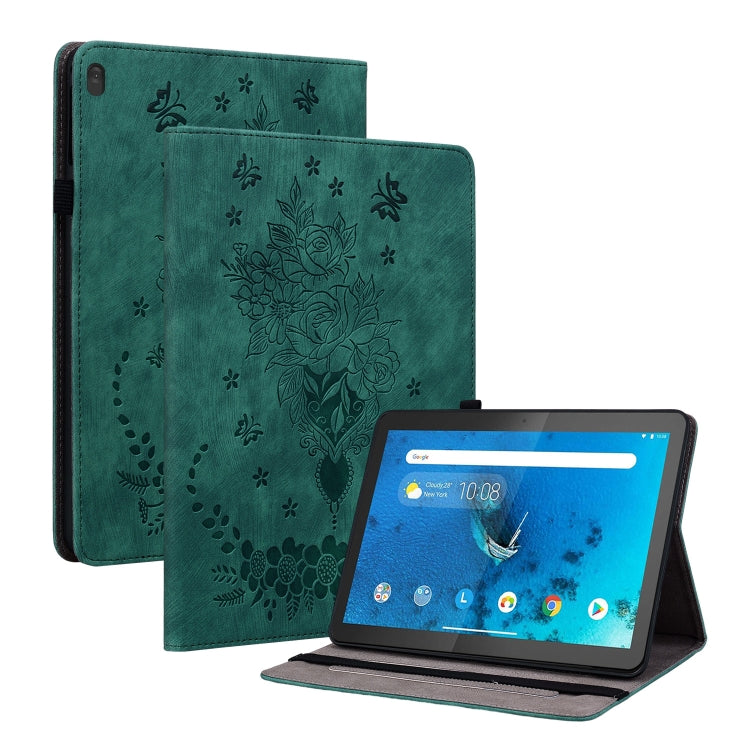 For Lenovo M10 Butterfly Rose Embossed Leather Tablet Case(Green) - Lenovo by PMC TechLife | Online Shopping South Africa | PMC TechLife | Buy Now Pay Later Mobicred