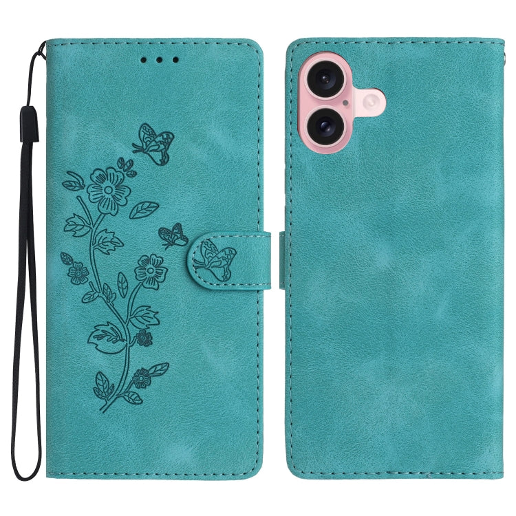 For iPhone 16 Flower Butterfly Embossing Pattern Leather Phone Case(Sky Blue) - iPhone 16 Cases by PMC TechLife | Online Shopping South Africa | PMC TechLife | Buy Now Pay Later Mobicred