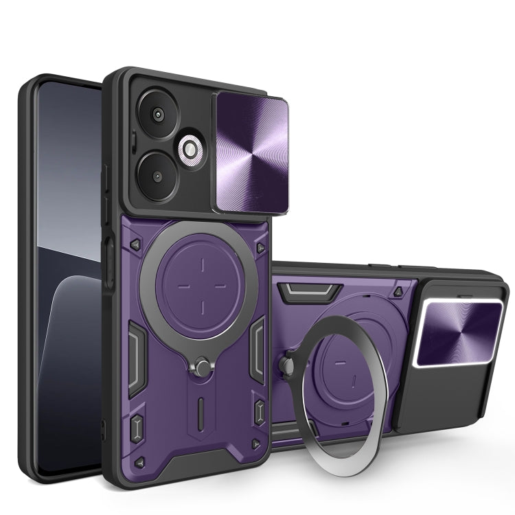 For Xiaomi Redmi 13C 5G Global CD Texture Sliding Camshield Magnetic Holder Phone Case(Purple) - 13C Cases by PMC TechLife | Online Shopping South Africa | PMC TechLife | Buy Now Pay Later Mobicred