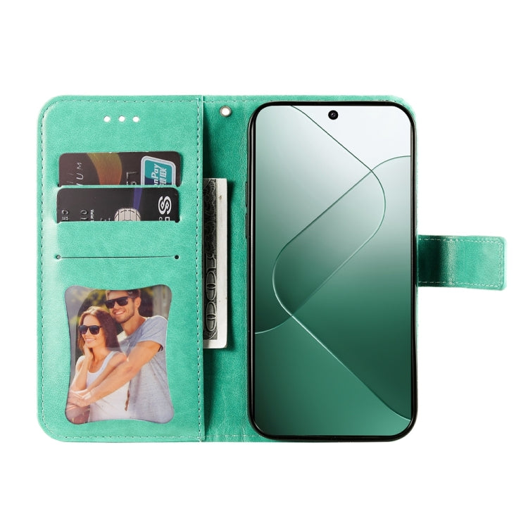 For Xiaomi 14 7-petal Flowers Embossing Leather Phone Case(Green) - 14 Cases by PMC TechLife | Online Shopping South Africa | PMC TechLife | Buy Now Pay Later Mobicred