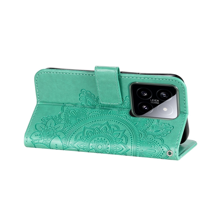For Xiaomi 14 7-petal Flowers Embossing Leather Phone Case(Green) - 14 Cases by PMC TechLife | Online Shopping South Africa | PMC TechLife | Buy Now Pay Later Mobicred