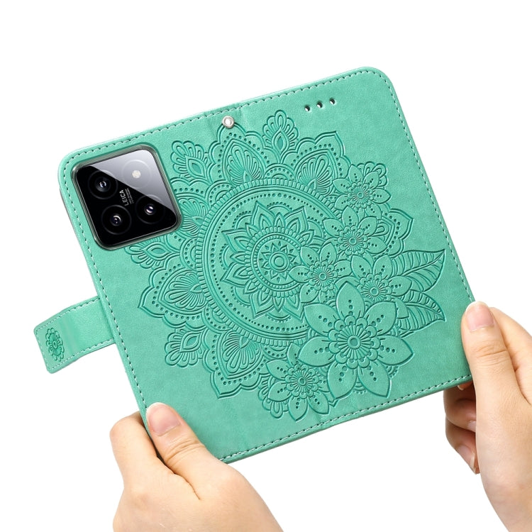 For Xiaomi 14 7-petal Flowers Embossing Leather Phone Case(Green) - 14 Cases by PMC TechLife | Online Shopping South Africa | PMC TechLife | Buy Now Pay Later Mobicred