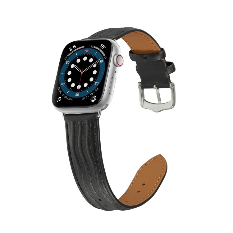 Embossed Line Genuine Leather Watch Band For Apple Watch Ultra 2 49mm(Black) - Watch Bands by PMC TechLife | Online Shopping South Africa | PMC TechLife | Buy Now Pay Later Mobicred