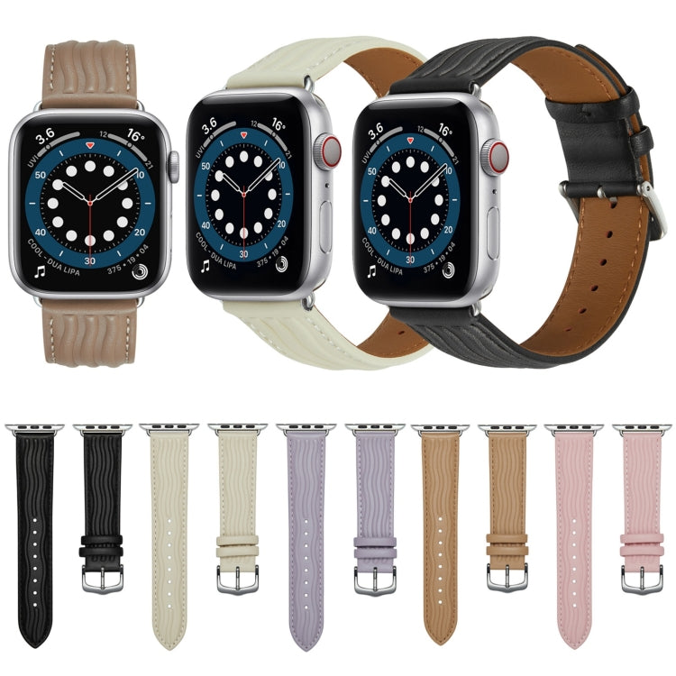 Embossed Line Genuine Leather Watch Band For Apple Watch Ultra 2 49mm(Milky Brown) - Watch Bands by PMC TechLife | Online Shopping South Africa | PMC TechLife | Buy Now Pay Later Mobicred