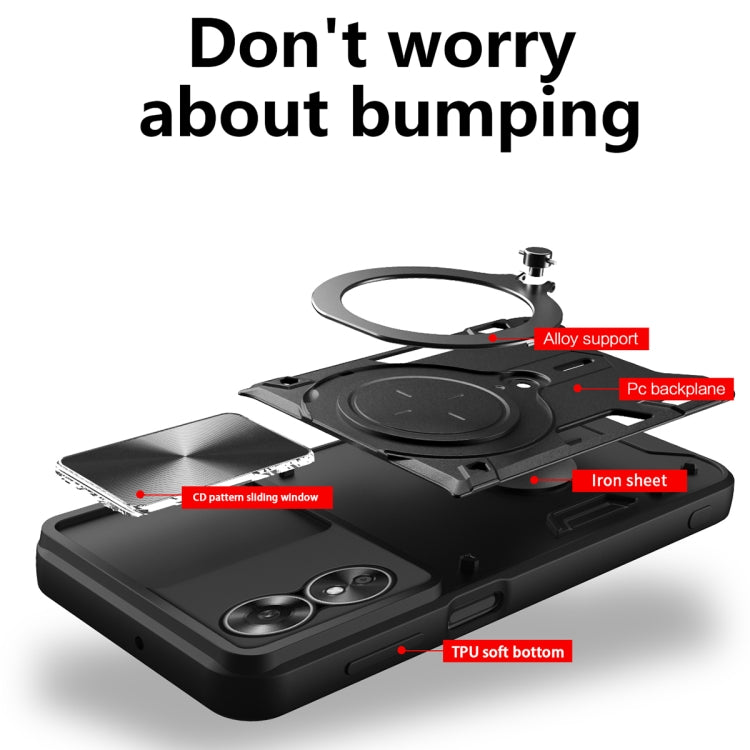 For OPPO A17 4G CD Texture Sliding Camshield Magnetic Holder Phone Case(Black) - OPPO Cases by PMC TechLife | Online Shopping South Africa | PMC TechLife | Buy Now Pay Later Mobicred