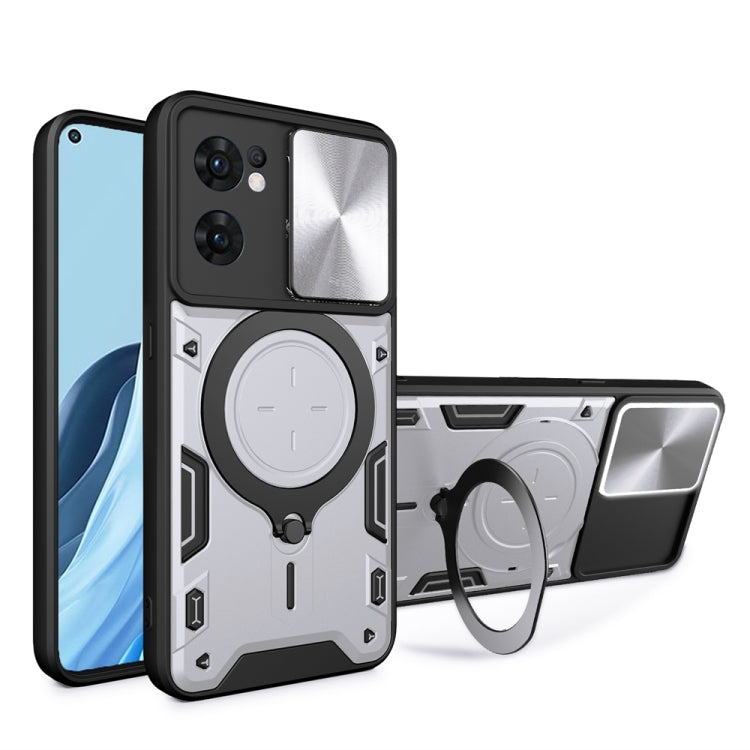 For OPPO Reno7 5G CD Texture Sliding Camshield Magnetic Holder Phone Case(Silver) - OPPO Cases by PMC TechLife | Online Shopping South Africa | PMC TechLife | Buy Now Pay Later Mobicred