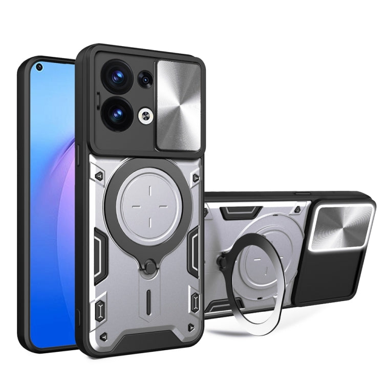 For OPPO Reno8 5G CD Texture Sliding Camshield Magnetic Holder Phone Case(Silver) - OPPO Cases by PMC TechLife | Online Shopping South Africa | PMC TechLife | Buy Now Pay Later Mobicred