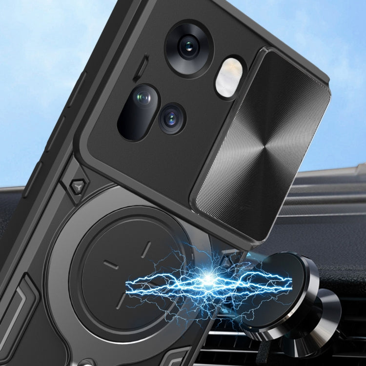 For OPPO Reno11 5G Global CD Texture Sliding Camshield Magnetic Holder Phone Case(Silver) - Reno11 Cases by PMC TechLife | Online Shopping South Africa | PMC TechLife | Buy Now Pay Later Mobicred