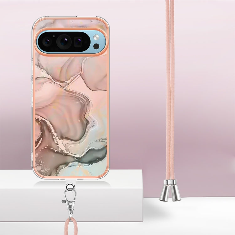 For Google Pixel 9 / 9 Pro Electroplating Marble Dual-side IMD Phone Case with Lanyard(Rose Gold 015) - Google Cases by PMC TechLife | Online Shopping South Africa | PMC TechLife | Buy Now Pay Later Mobicred