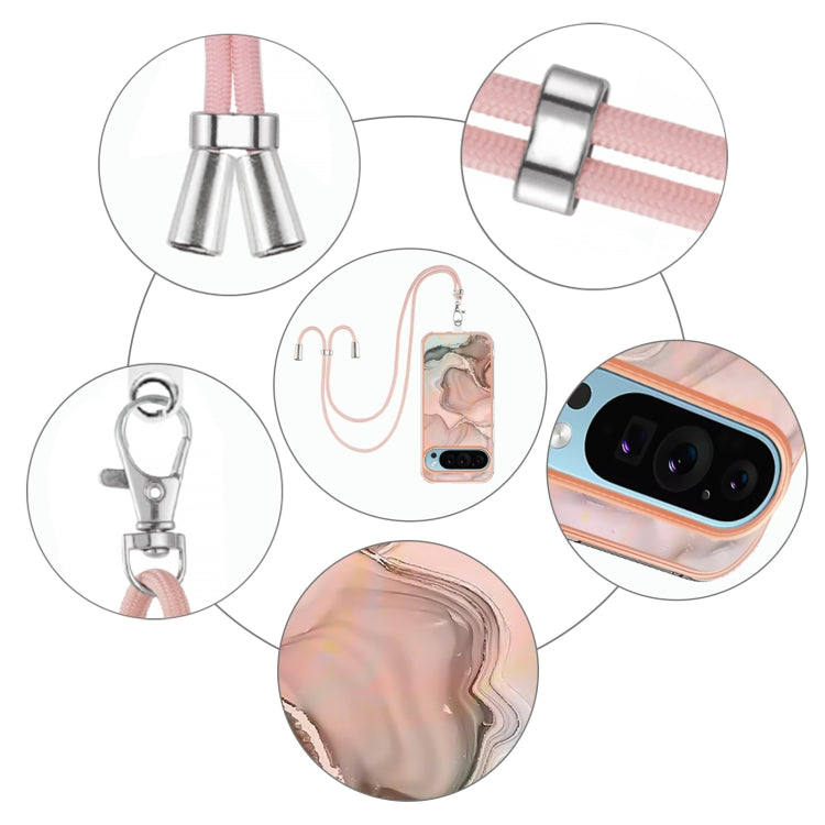 For Google Pixel 9 / 9 Pro Electroplating Marble Dual-side IMD Phone Case with Lanyard(Rose Gold 015) - Google Cases by PMC TechLife | Online Shopping South Africa | PMC TechLife | Buy Now Pay Later Mobicred
