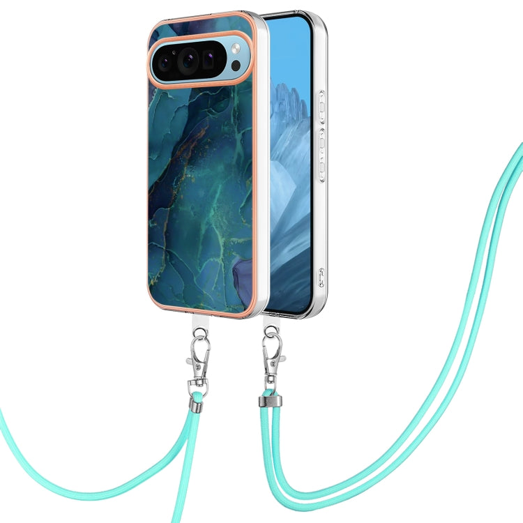 For Google Pixel 9 / 9 Pro Electroplating Marble Dual-side IMD Phone Case with Lanyard(Green 017) - Google Cases by PMC TechLife | Online Shopping South Africa | PMC TechLife | Buy Now Pay Later Mobicred