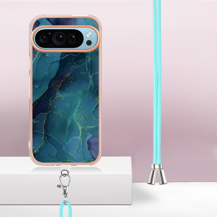 For Google Pixel 9 / 9 Pro Electroplating Marble Dual-side IMD Phone Case with Lanyard(Green 017) - Google Cases by PMC TechLife | Online Shopping South Africa | PMC TechLife | Buy Now Pay Later Mobicred
