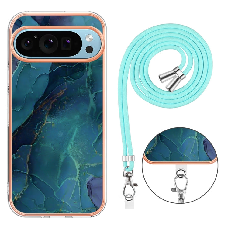 For Google Pixel 9 / 9 Pro Electroplating Marble Dual-side IMD Phone Case with Lanyard(Green 017) - Google Cases by PMC TechLife | Online Shopping South Africa | PMC TechLife | Buy Now Pay Later Mobicred