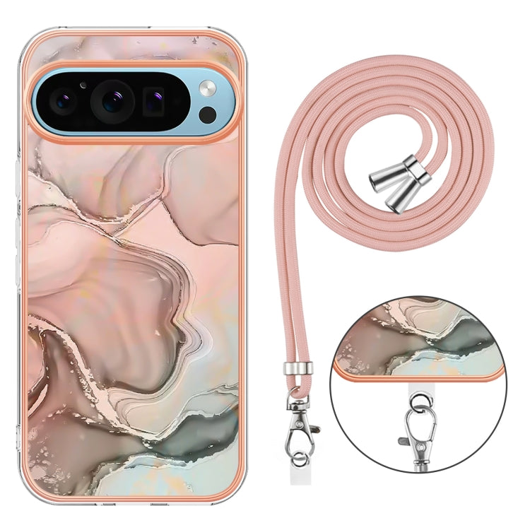 For Google Pixel 9 Pro XL Electroplating Marble Dual-side IMD Phone Case with Lanyard(Rose Gold 015) - Google Cases by PMC TechLife | Online Shopping South Africa | PMC TechLife | Buy Now Pay Later Mobicred