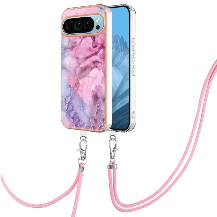For Google Pixel 9 Pro XL Electroplating Marble Dual-side IMD Phone Case with Lanyard(Pink 013) - Google Cases by PMC TechLife | Online Shopping South Africa | PMC TechLife | Buy Now Pay Later Mobicred