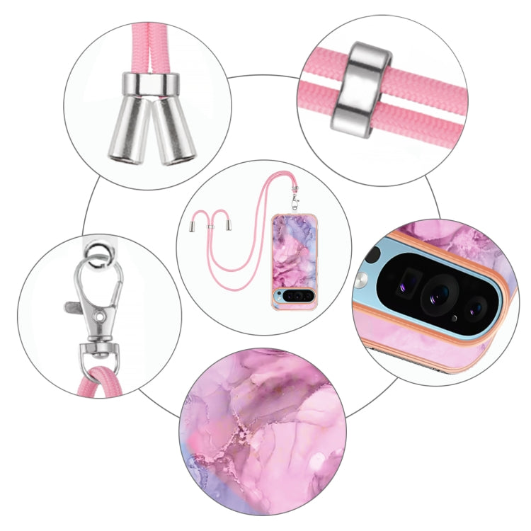 For Google Pixel 9 Pro XL Electroplating Marble Dual-side IMD Phone Case with Lanyard(Pink 013) - Google Cases by PMC TechLife | Online Shopping South Africa | PMC TechLife | Buy Now Pay Later Mobicred