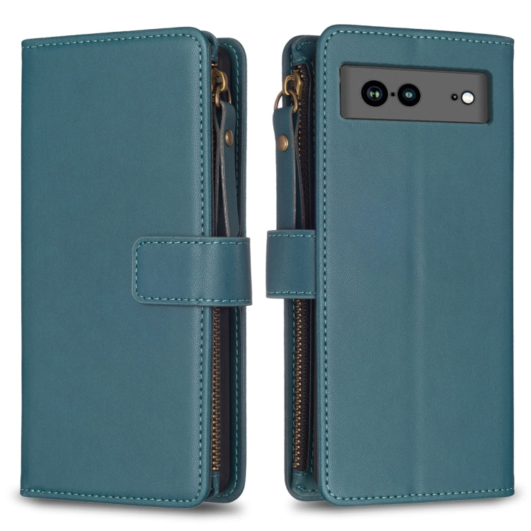 For Google Pixel 7a 9 Card Slots Zipper Wallet Leather Flip Phone Case(Green) - Google Cases by PMC TechLife | Online Shopping South Africa | PMC TechLife | Buy Now Pay Later Mobicred