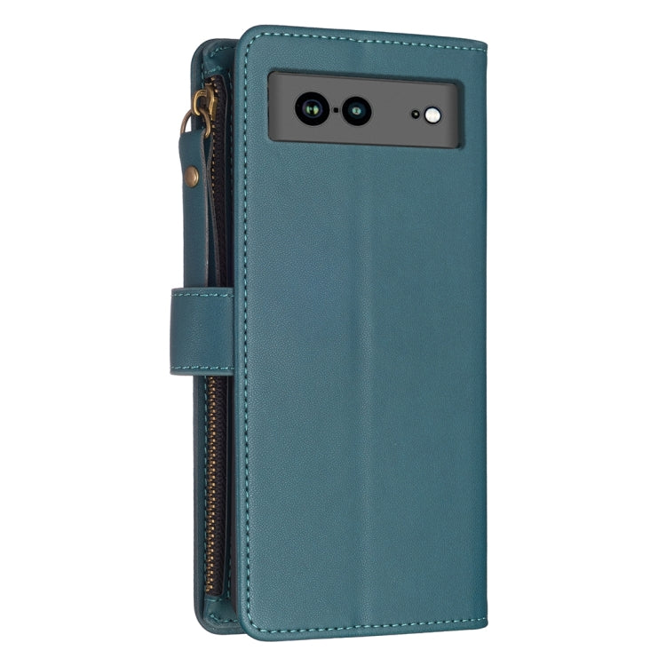 For Google Pixel 7a 9 Card Slots Zipper Wallet Leather Flip Phone Case(Green) - Google Cases by PMC TechLife | Online Shopping South Africa | PMC TechLife | Buy Now Pay Later Mobicred