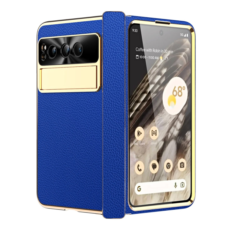For Google Pixel Fold Litchi Pattern Electroplating Folding Phone Case with Hinge(Royal Blue) - Google Cases by PMC TechLife | Online Shopping South Africa | PMC TechLife | Buy Now Pay Later Mobicred