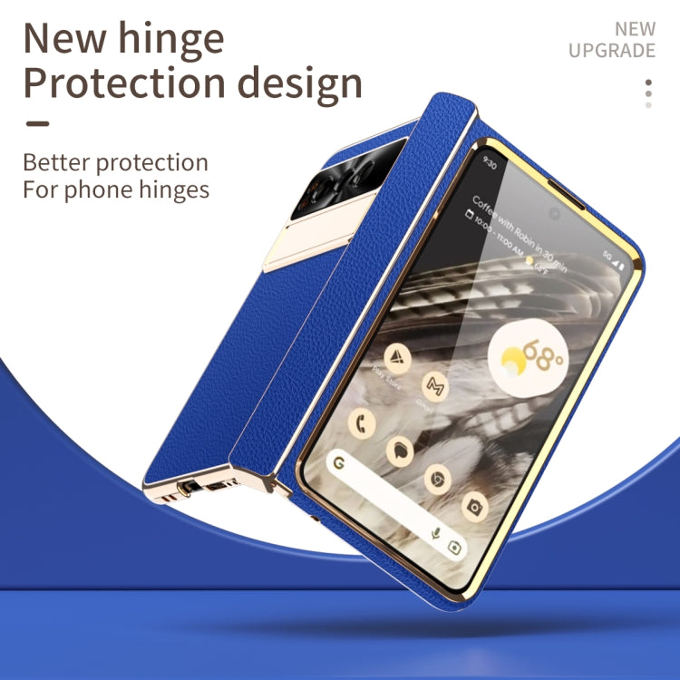 For Google Pixel Fold Litchi Pattern Electroplating Folding Phone Case with Hinge(Royal Blue) - Google Cases by PMC TechLife | Online Shopping South Africa | PMC TechLife | Buy Now Pay Later Mobicred
