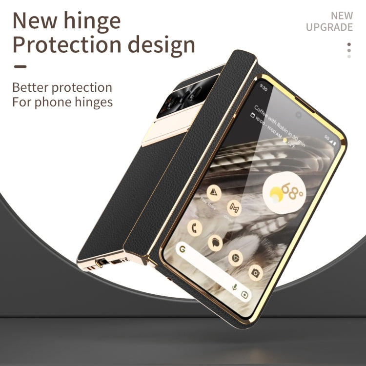 For Google Pixel Fold Litchi Pattern Electroplating Folding Phone Case with Hinge(Black) - Google Cases by PMC TechLife | Online Shopping South Africa | PMC TechLife | Buy Now Pay Later Mobicred
